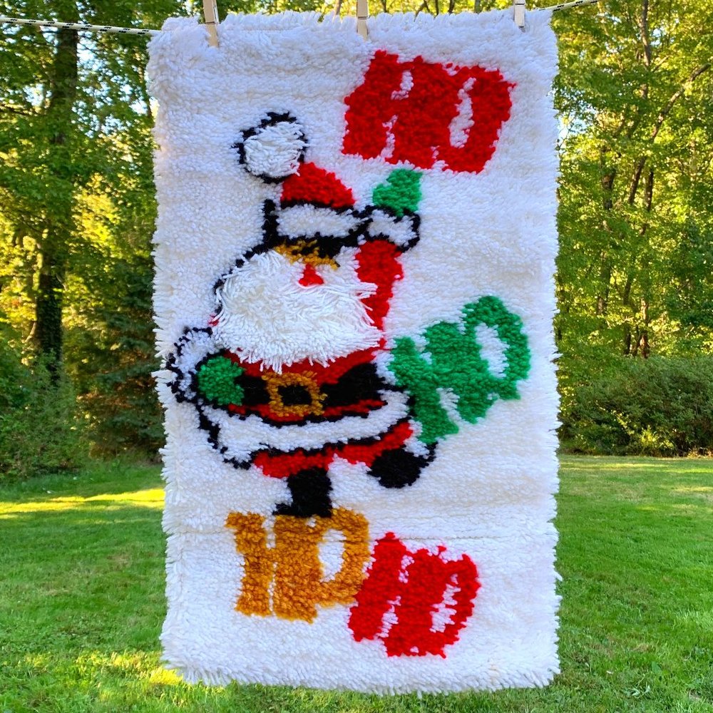 VTG Latch Hook Rug Santa Wall Hanging Christmas 70s Holiday Decor Boho